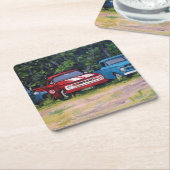 青と赤のヴィンテージトラック、油絵 スクエアペーパーコースター (アングル)