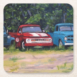 青と赤のヴィンテージトラック、油絵 スクエアペーパーコースター