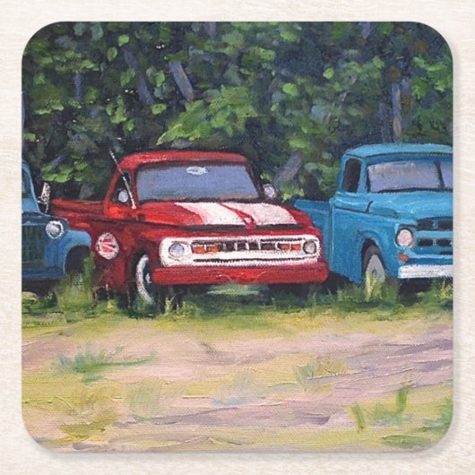 青と赤のヴィンテージトラック、油絵 スクエアペーパーコースター (正面)