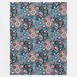青と赤の伝統的ペイズリープリントパターン フリースブランケット