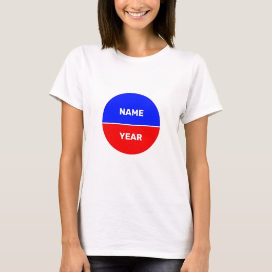 青と赤の円の上の名前と年 Tシャツ (正面)
