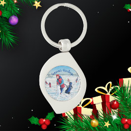 青と赤の冬のシーン絵を描をパーソナライズ キーホルダー