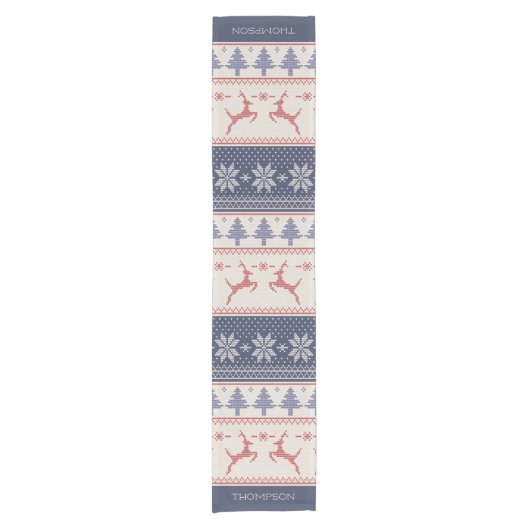 青と赤の北欧クリスマスパターン ショートテーブルランナー (正面)