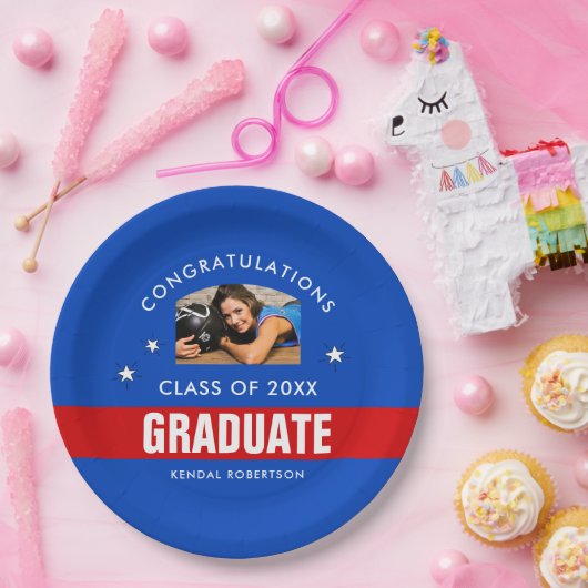 青と赤の卒業写真カスタム ペーパープレート (パーティー)