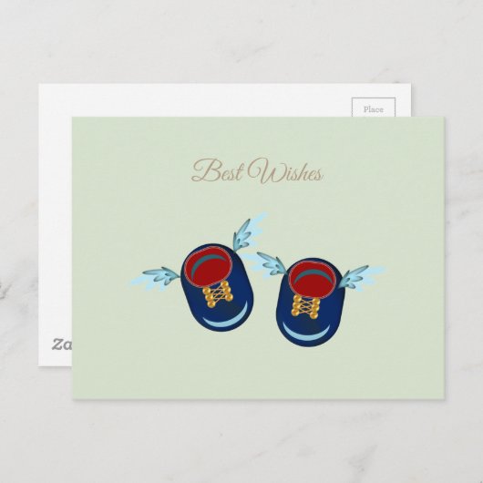 青と赤の可愛い翼の小さな靴 ポストカード (正面/裏面)