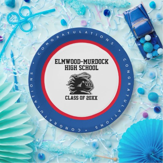 青と赤の学校の色彩卒業会 ペーパープレート (パーティー)