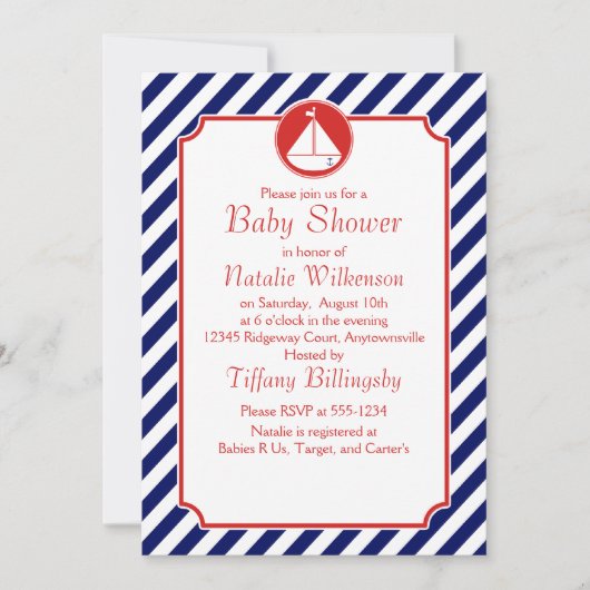 青と赤の帆船ベビーシャワー 招待状 (正面)