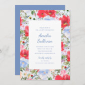 青と赤の水彩花のParty招待状 招待状 (正面/裏面)