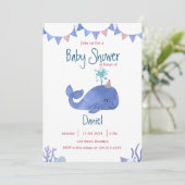 青と赤の水色かわいいクジラの赤ちゃんシャワー 招待状 (スタンド正面)