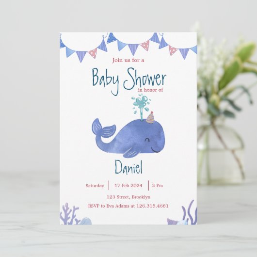 青と赤の水色かわいいクジラの赤ちゃんシャワー 招待状 (スタンド正面)
