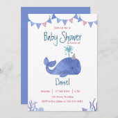 青と赤の水色かわいいクジラの赤ちゃんシャワー 招待状 (正面/裏面)