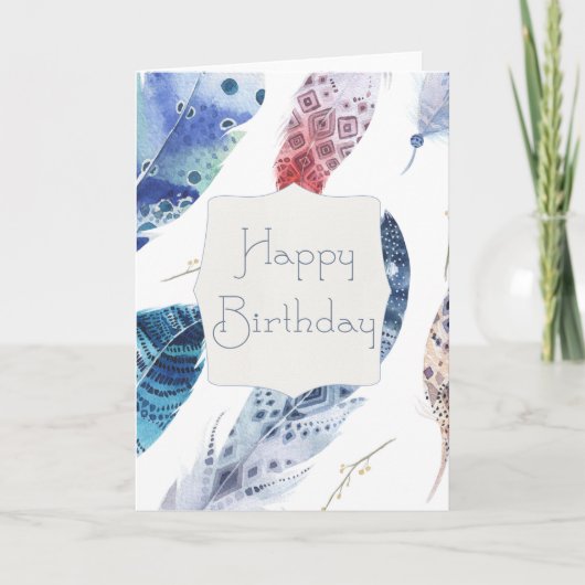 青と赤の水色の羽の誕生日カード カード (正面)