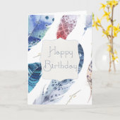 青と赤の水色の羽の誕生日カード カード (黄色い花)