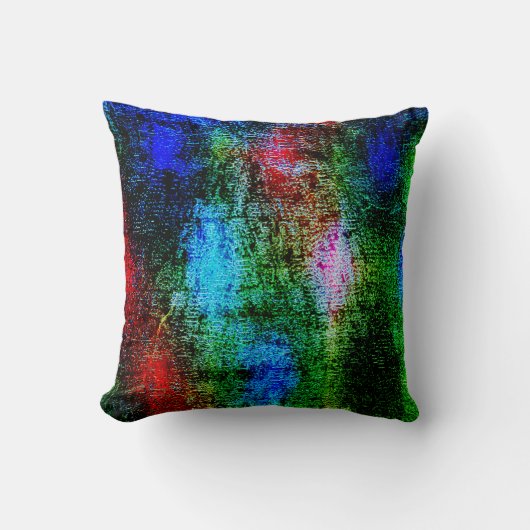 青と赤の泥を緑の絵を描粘液で削り取った クッション (正面)