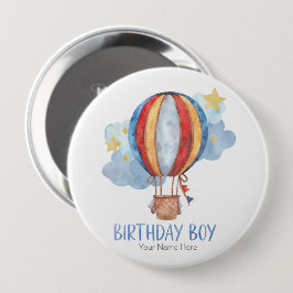 青と赤の熱気球 星 誕生日おめでとう 男の子 缶バッジ