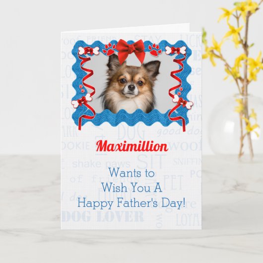 青と赤の父の日の犬から カード (黄色い花)