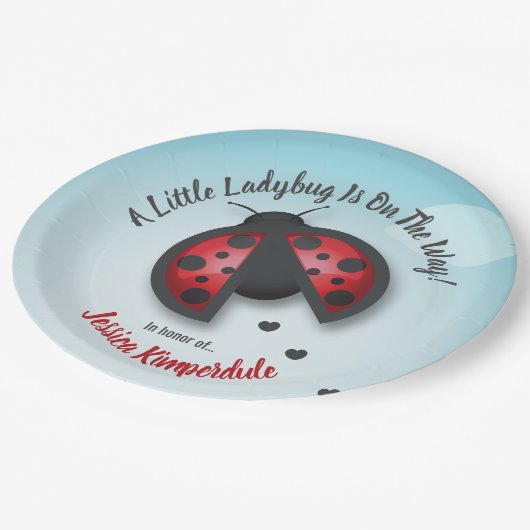 青と赤の空の小さなラディバグが途中にある ペーパープレート (アングル)