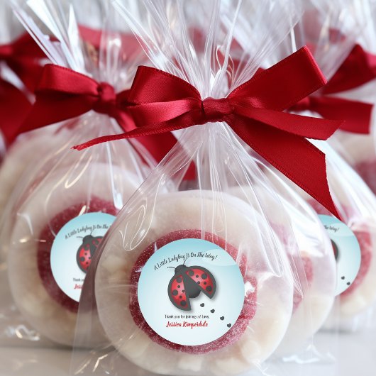 青と赤の空の小さなラディバグが途中にある ラウンドシール