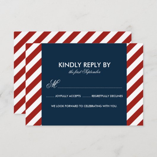 青と赤の航海のストライプ婚礼RSVPカード 出欠カード (正面/裏面)