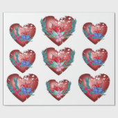 青と赤の花と緑の枝を持つハート ラッピングペーパー (フラット)