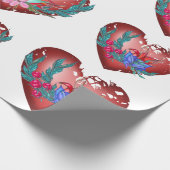 青と赤の花と緑の枝を持つハート ラッピングペーパー (角)