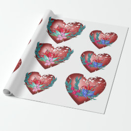 青と赤の花と緑の枝を持つハート ラッピングペーパー