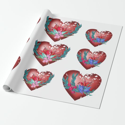 青と赤の花と緑の枝を持つハート ラッピングペーパー (アンロールド)