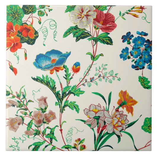 青と赤の花のヴィンテージのパタ絵画ーン タイル (正面)