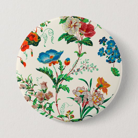 青と赤の花のヴィンテージのパタ絵画ーン 缶バッジ (正面)