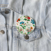 青と赤の花のヴィンテージのパタ絵画ーン 缶バッジ (インサイチュ)