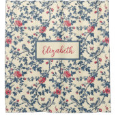 青と赤の花のToile de Jouyと鳥 シャワーカーテン (正面)