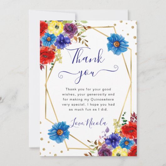 青と赤の花フレームキンセアニェラ サンキューカード (正面)