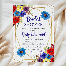 青と赤の花フレームブライダルシャワー 招待状