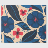 青と赤の花、濃い青の離れ花 ラッピングペーパー (フラット)