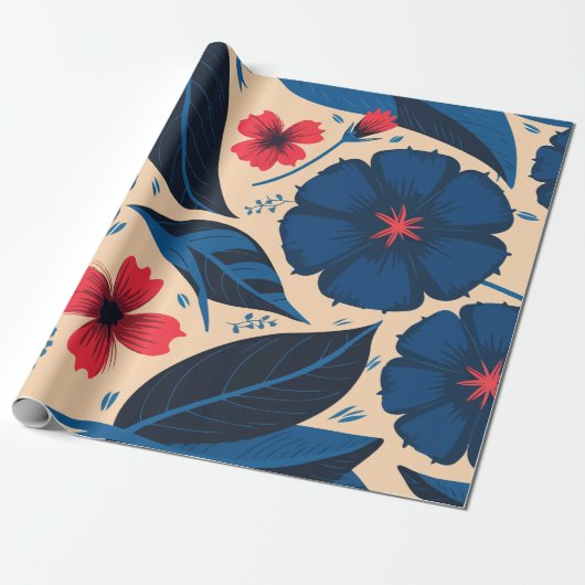 青と赤の花、濃い青の離れ花 ラッピングペーパー (アンロールド)