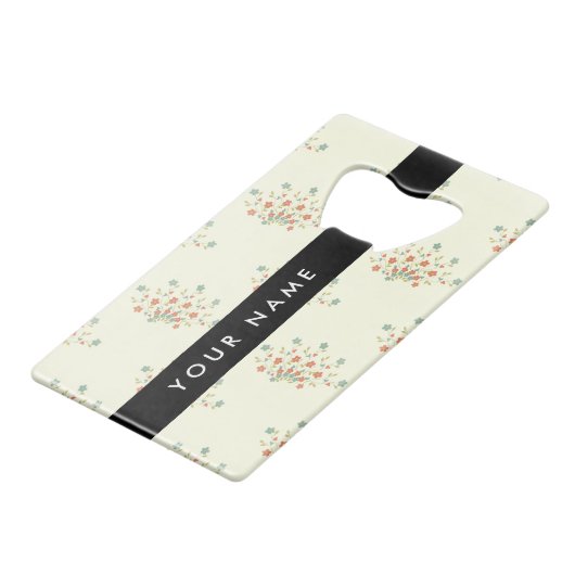 青と赤の花、黒、あなたの名前 クレジットカード栓抜き (正面アングル)