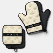 青と赤の花、黒、あなたの名前 鍋つかみ&鍋敷きセット (正面/裏面)