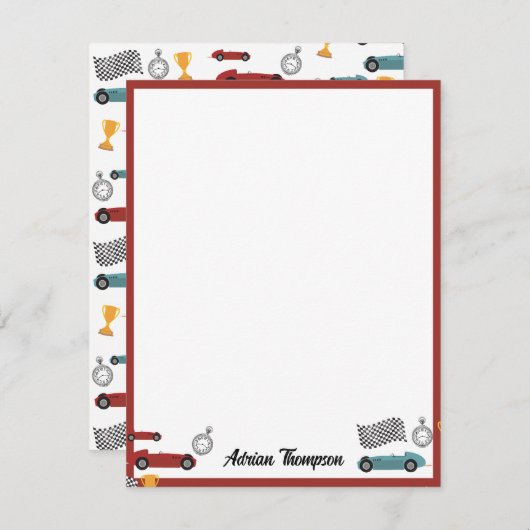 青と赤の速いレトロなヴィンテージ レースカー 子供 ノートカード (正面/裏面)
