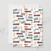 青と赤の速いレトロなヴィンテージ レース カー 子供 サンキューカード (裏面)