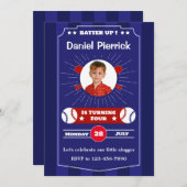 青と赤の野球の誕生日パーティーへの招待 招待状 (正面/裏面)