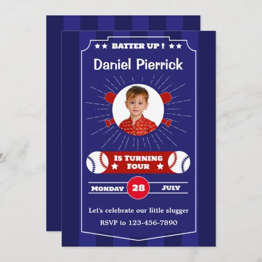 青と赤の野球の誕生日パーティーへの招待 招待状 (正面/裏面)