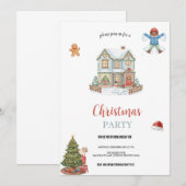 青と赤の雪の家でのクリスマス 招待状 (正面/裏面)