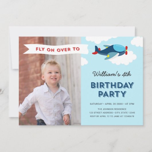 青と赤の飛行機の写真の誕生日パーティー 招待状 (正面)