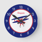 青と赤の飛行機の子どもたパーソナライズされたち ラウンド壁時計 (正面)