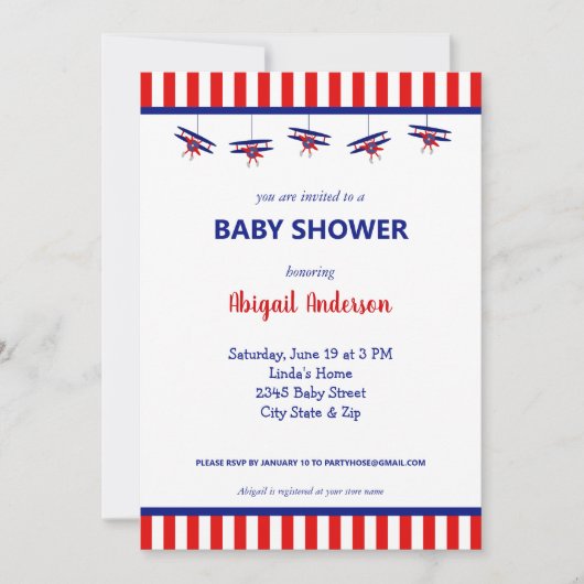 青と赤の飛行機の赤ストライプのちゃんシャワー 招待状 (正面)