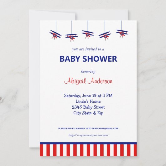 青と赤の飛行機の赤ストライプのちゃんシャワーInvitati 招待状 (正面)