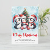 青と赤モダンの可愛いペンギンがクリスマスを楽しむ シーズンカード (スタンド正面)