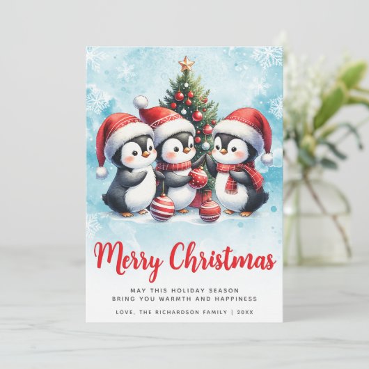 青と赤モダンの可愛いペンギンがクリスマスを楽しむ シーズンカード (スタンド正面)