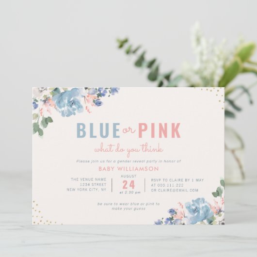 青と赤面のピンクのフローラの性別がパーティー 招待状 (スタンド正面)