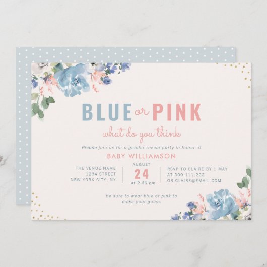 青と赤面のピンクのフローラの性別がパーティー 招待状 (正面/裏面)